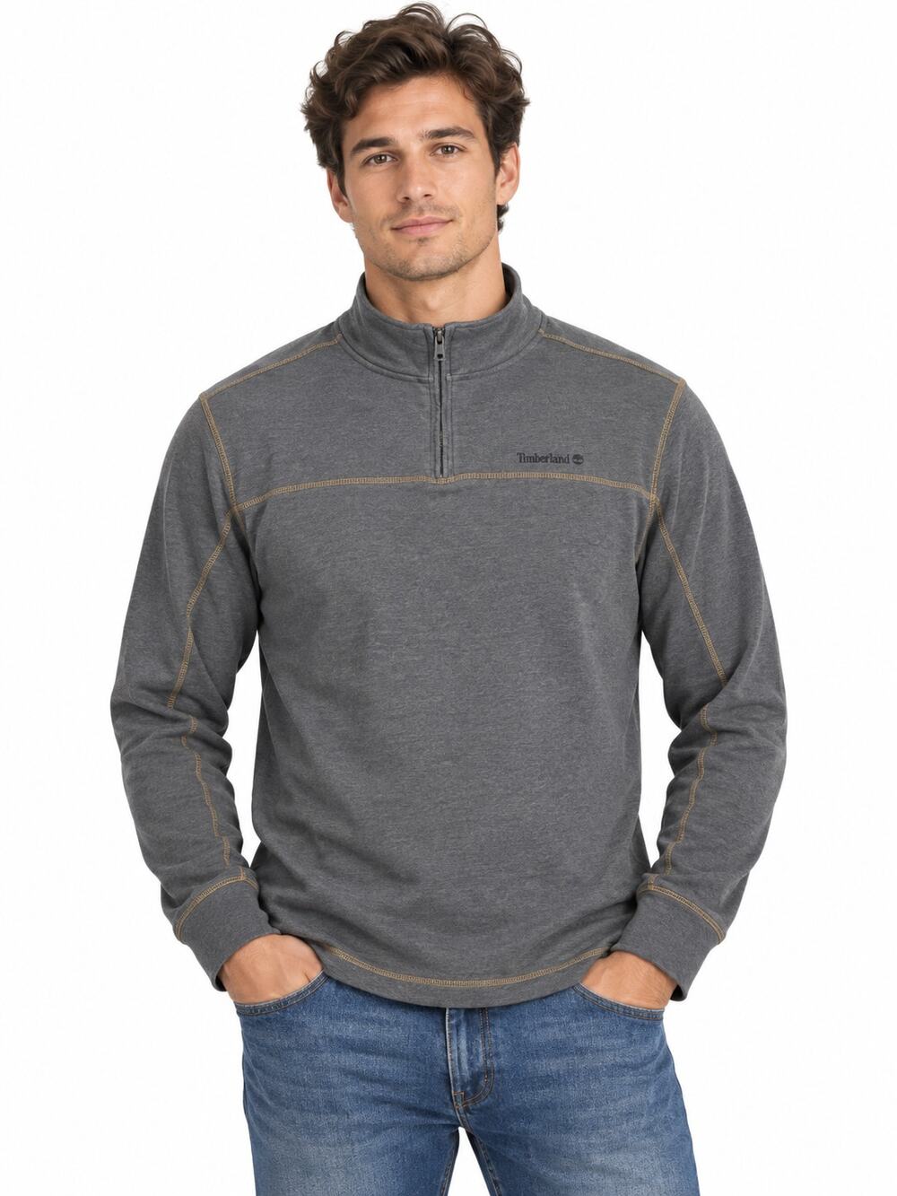 Timberland Pullover Sweatshirt Men's XL Heather Gray Quarter Zip Mock Neck Logo